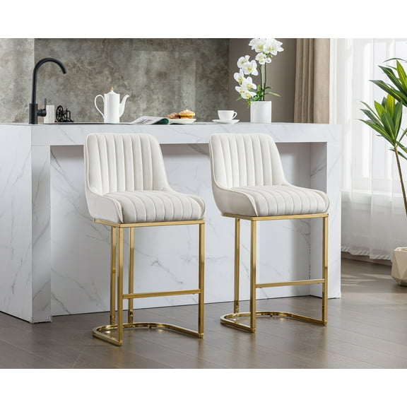 Dayalane Counter Height Bar Stools Set of 2, Velvet Upholstered Kitchen Barstools with Back and Gold Base, 26 " Modern Elegant Island Chairs for Restaurant Bar Dining Room, Beige