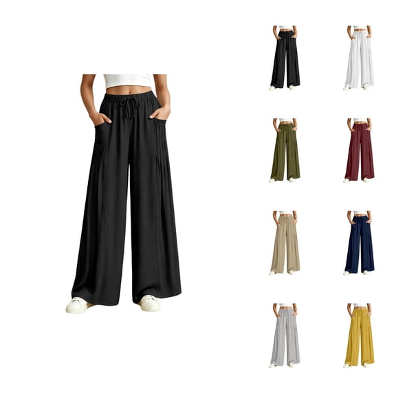 Palazzo Pants for Women Summer Elastic High Waist Loose Casual Wide Leg Flowy Pants Boho Trousers with Pockets