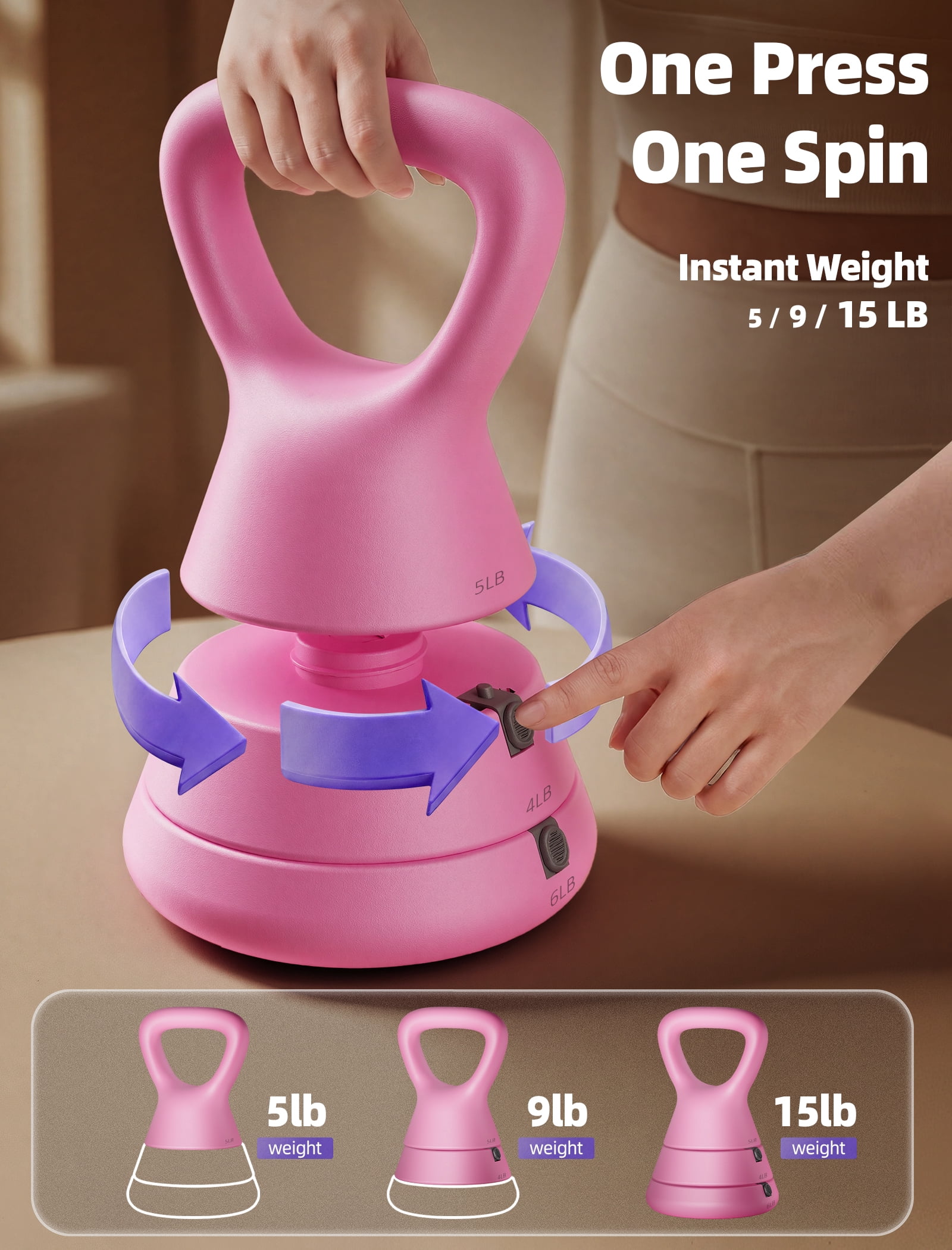 Adjustable Kettlebell, 5lb 9lb 15lb Kettlebell Weights Set, Ergonomic Design & Wide-Handle for Home Gym, Full-Body Workouts Strength Training and Weight Loss, Good for Men Women & Beginners (Pink)