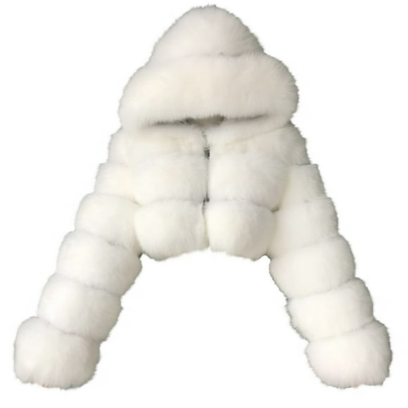 Moxiu Women Fluffy Faux Fur Coat Cropped Jackets Luxury Wedding Party Hooded Puffer Jacket Zip Up Winter Warm Fuzzy Teddy Jacket Overcoat 2025 White,M