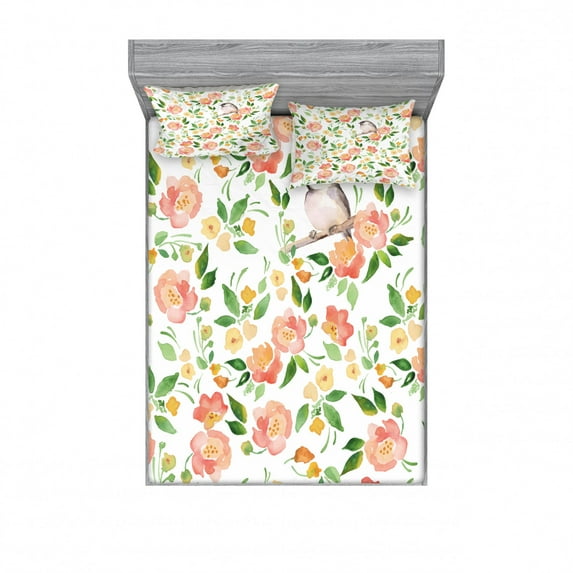Ambesonne Floral Fitted Sheet & Pillow Sham Set, Flower Petals Blossoms, Full, Coral Fern Green White
