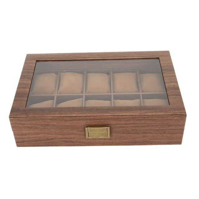 Caja de madera para relojes, organizador de almacenamiento de cuero sintético con tapa de cristal, almohadas extraíbles, regalo de San Valentín, 10 ranuras