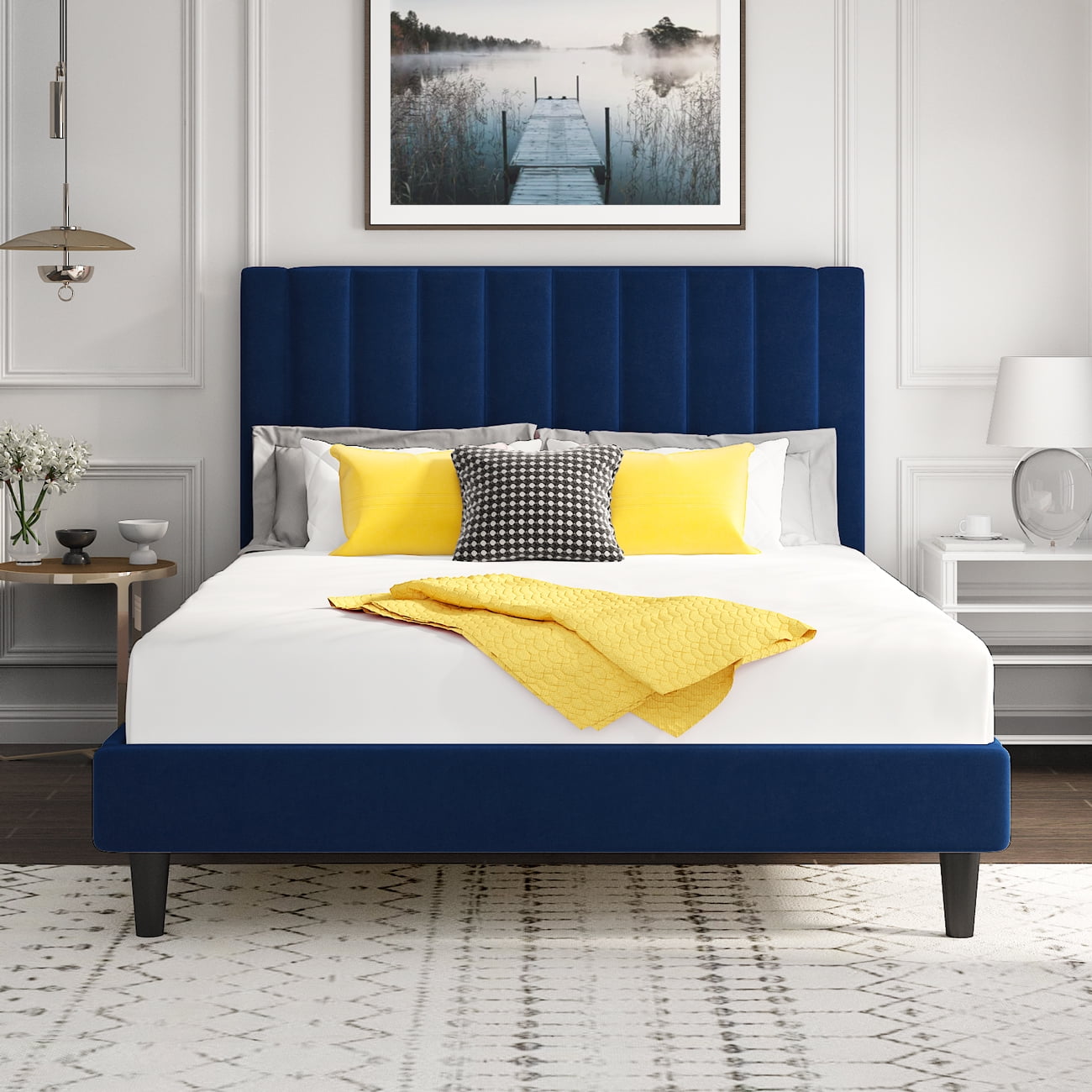 SHA CERLIN Full Size Velvet Platform Bed Frame with Vertical Channel