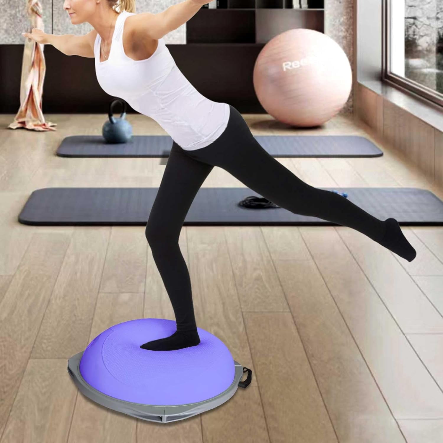 Weight loss yoga balance ball, exercise for leg muscles, hemispherical balance trainer, household fitness equipment, 31.5-inch core training anti-slip yoga ball, healthy indoor fitness.
