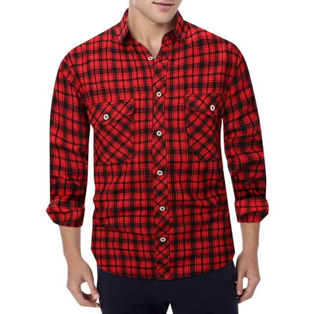 Camisas Para Hombre Manga Larga Camisa Formal de solapa de manga larga transpirable ligera con estampado cuadrado a la moda informal para hombre (Red, M)