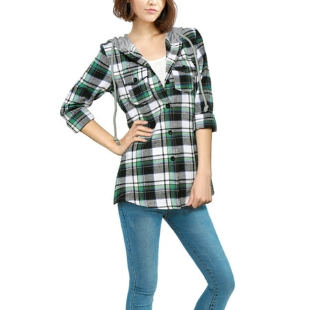 Women's Chic Check Pattern Button-Front Hooded Shirt Blouse Top Green S (US