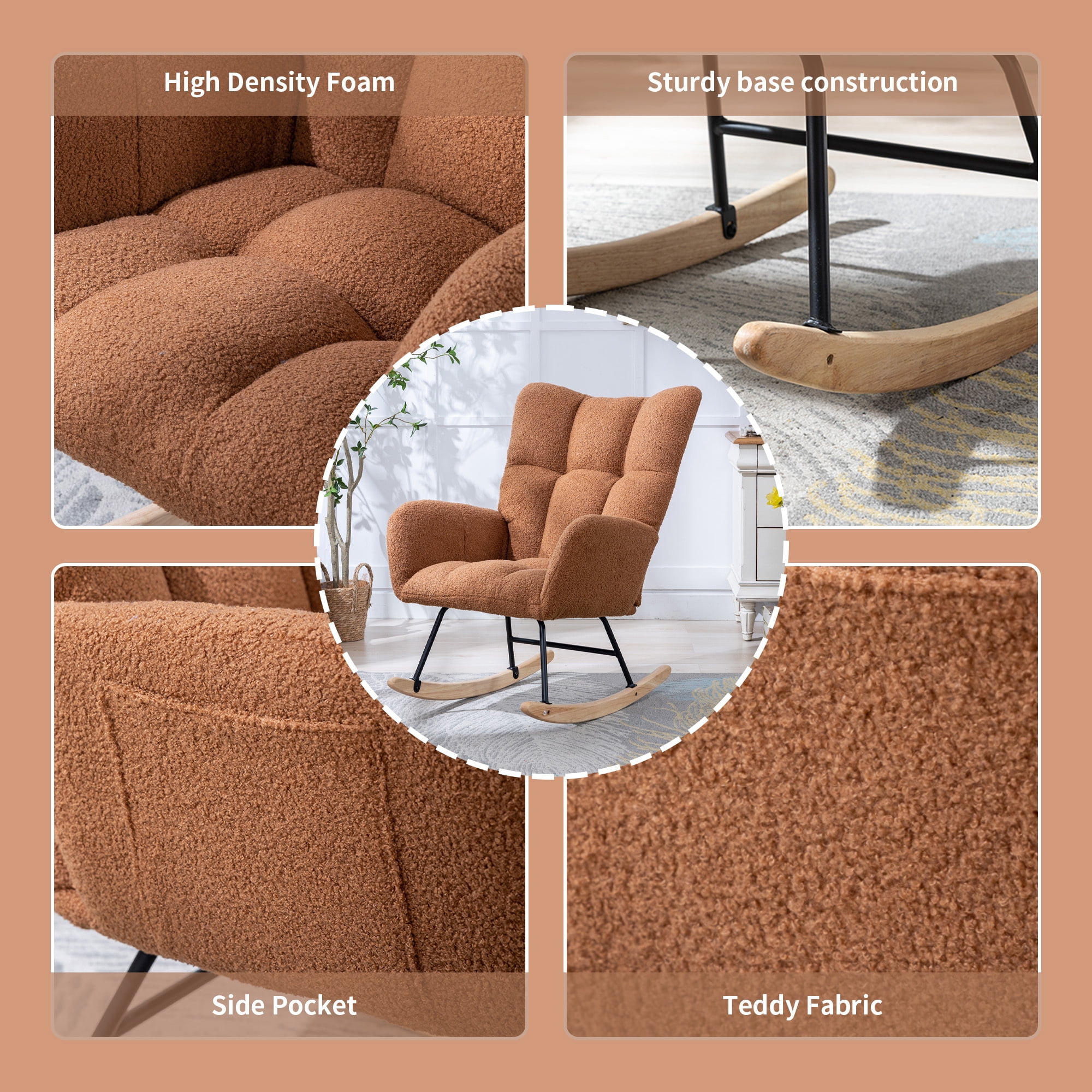 Leumius Rocking Chair Nursery,Teddy Upholstered Glider Rocker with High Backrest,Modern Rocking Accent Chairs Glider Recliner for Living Room, Nursery, Bedroom,Brown