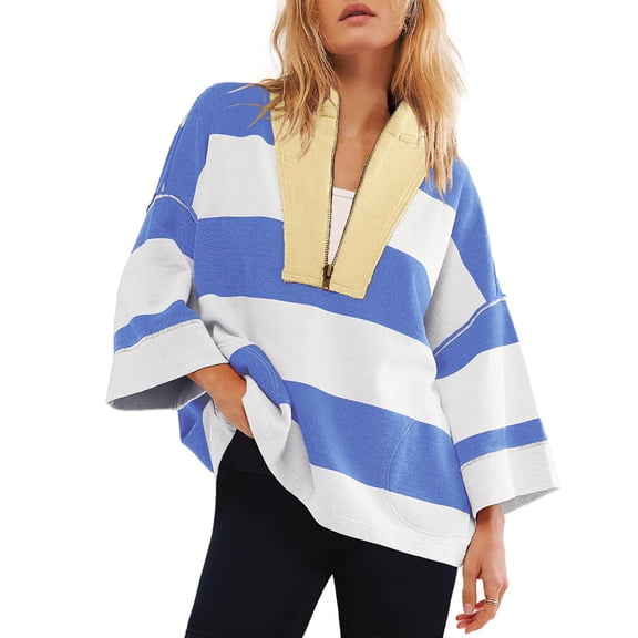 Ofreoo Womens Oversized Striped Shirt Half Zip Sweatshirt Color Block V Neck Top Casual Long Sleeve Pullover Women Tops and Blouses Great Gifts for Less