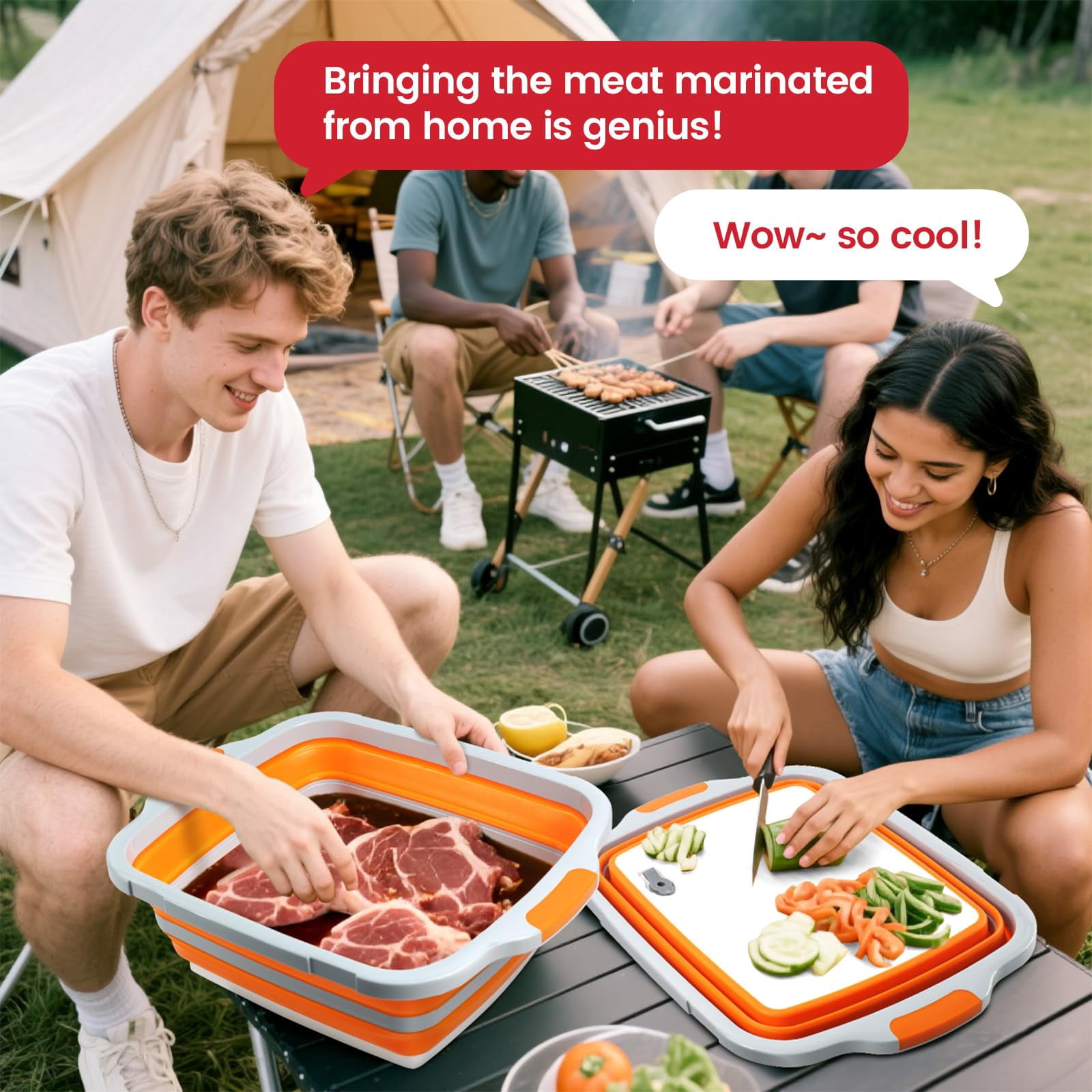 Collapsible BBQ Prep Tub 16L ,for Meal Prep, Marinating, Food Storage,Dish Basin for Kitchen,  - Includes Cutting Board Lid - Orange