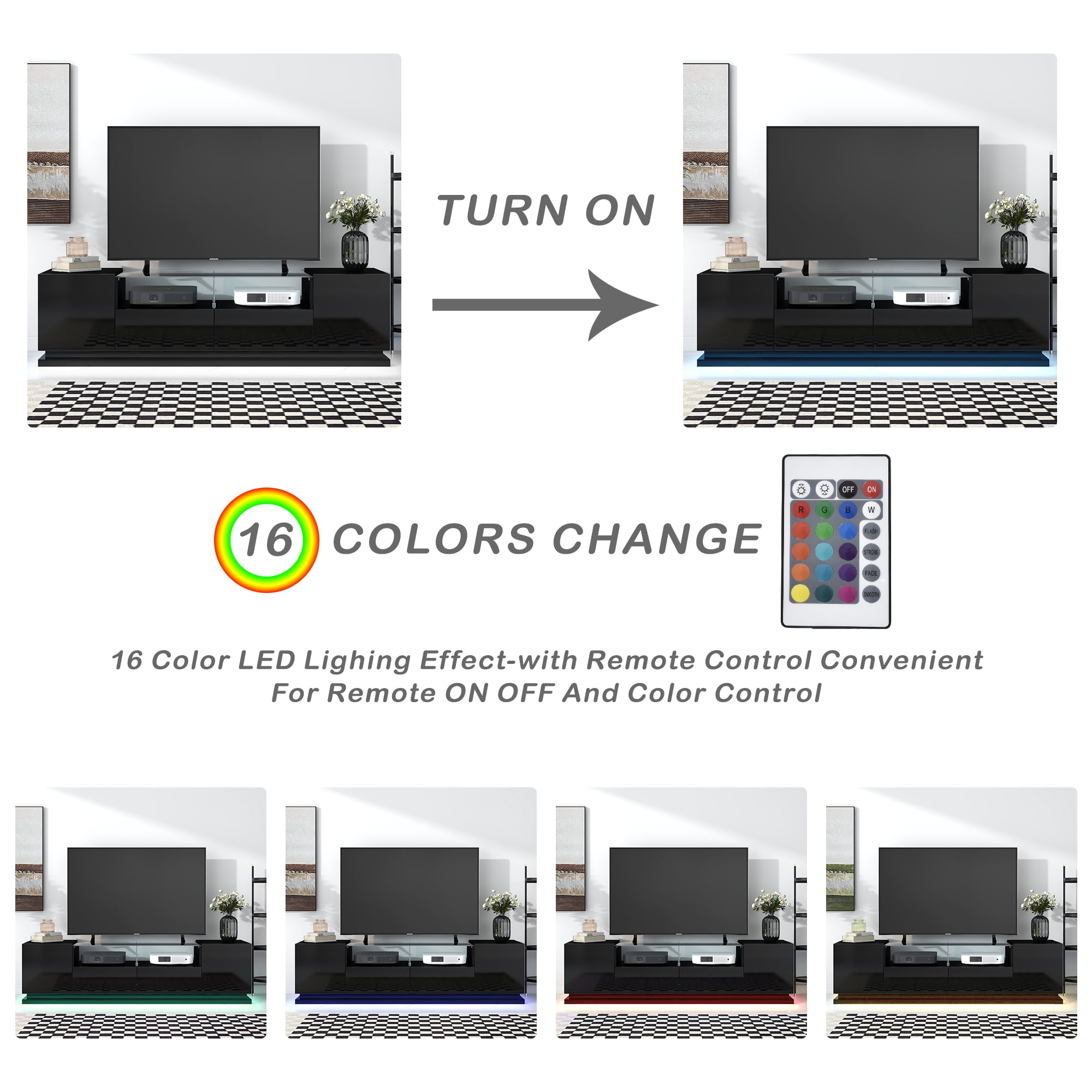 Momspeace Modern High Gloss TV Stand with Tempered Glass Shelf and 16-Color LED Light Strips for TVs up to 70'' -Black