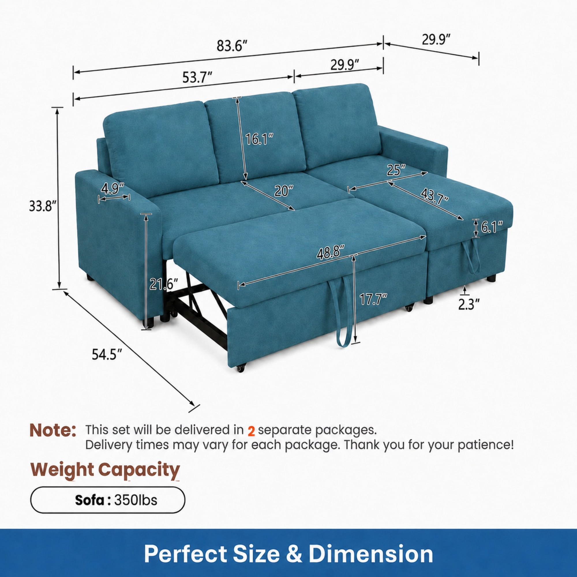 TiramisuBest L-Shaped Convertible Sofa Bed with Reversible & Storage Chaise,84"W Fluffy Flannel Sectional Sleeper for Living Room,Blue