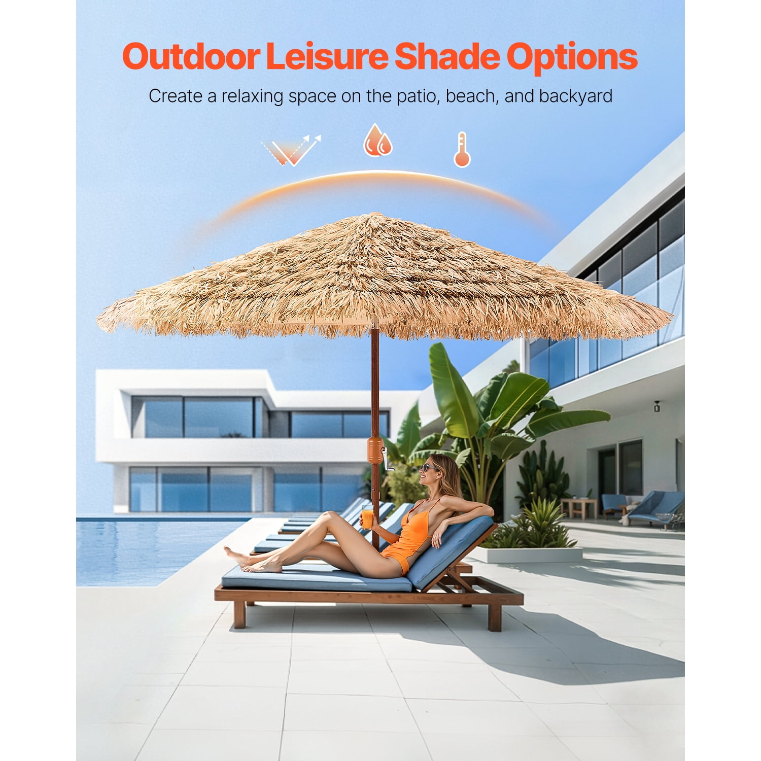 KFFKFF 9 ft Thatched Patio Umbrella with Tilt, Hawaiian-Style Beach Parasol Featuring Durable PP Thatch and 8 Metal Ribs, Grass Umbrella for Poolside, Backyard, Garden, Patio, and Beach