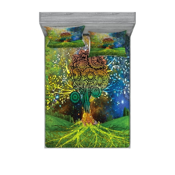 Ambesonne Ethnic Fitted Sheet & Pillow Sham Set, Mother Earth Theme, Queen, Green Blue