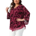 thumbnail image 4 of Agnes Orinda Women's Plus Size Dressy Blouse V Neck Mesh Casual Flowy Work Shirts 3/4 Flared Sleeve Tunic Tops 3X Burgundy, 4 of 5