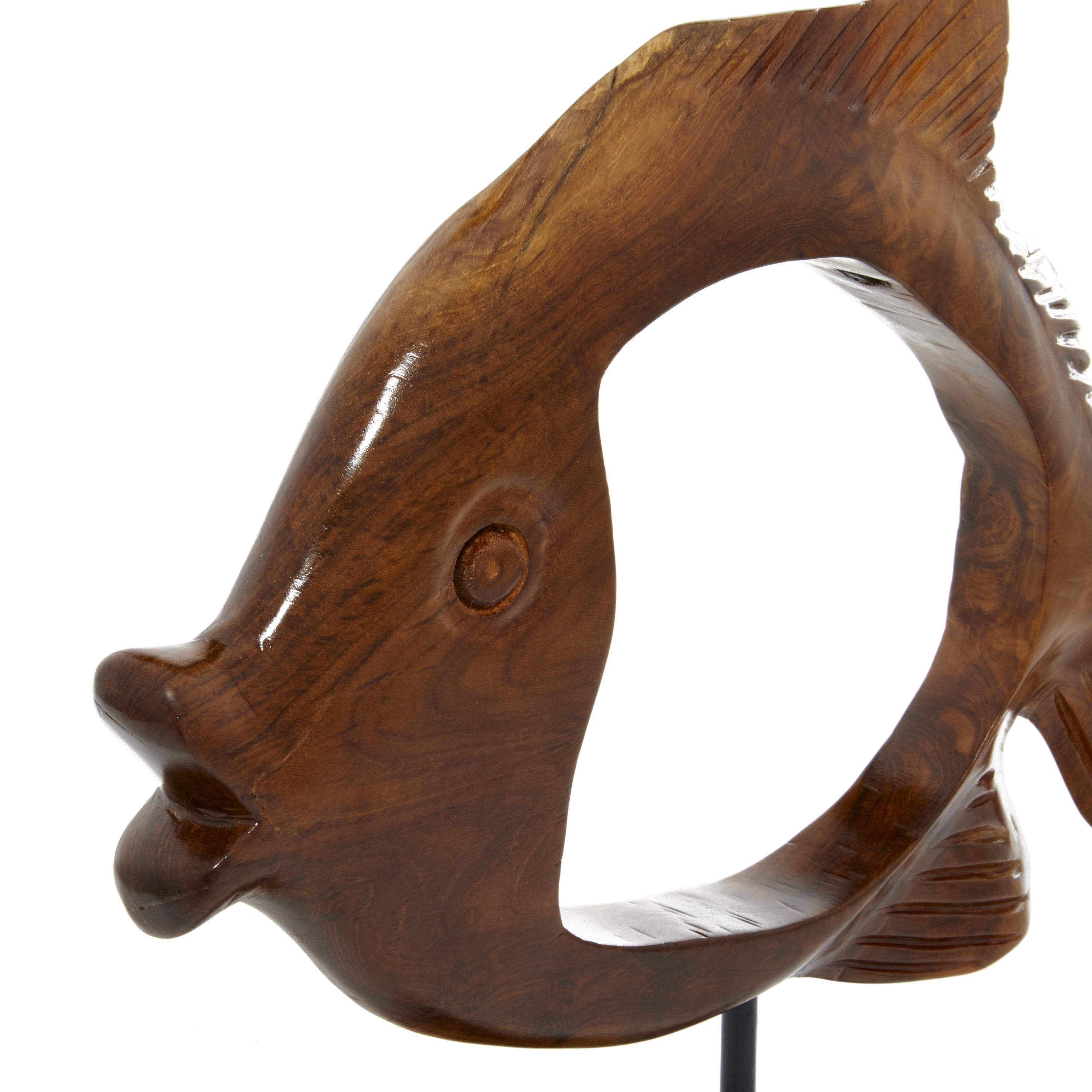 19" x 16" Brown Teak Wood Handmade Carved Fish Sculpture with Stand, by DecMode
