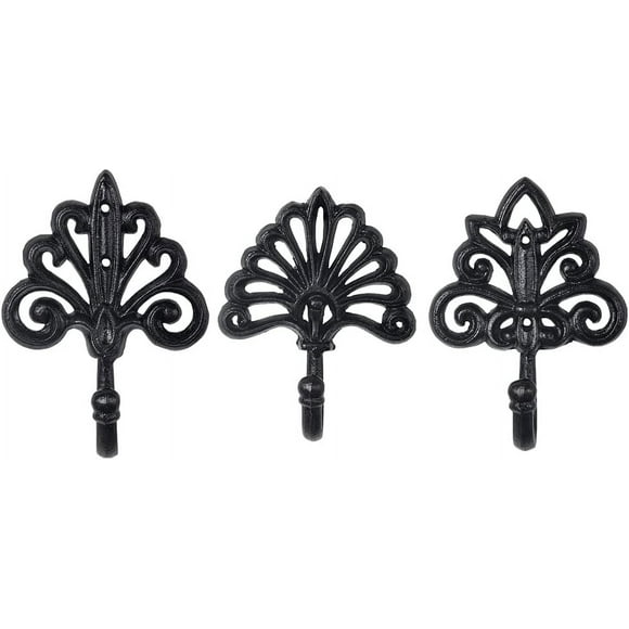 Sungmor Ganchos de Pared Hierro Fundido estilo Shabby Chic, set 3 pzs. Ganchos grandes 6.8" para abrigos, llaves, toallas, bufandas y bolsas. Color negro antiguo. Decoración de pared elegante.