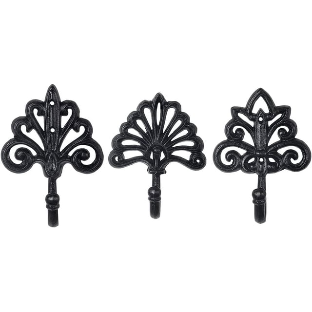 Sungmor Ganchos de Pared Hierro Fundido estilo Shabby Chic, set 3 pzs. Ganchos grandes 6.8" para abrigos, llaves, toallas, bufandas y bolsas. Color negro antiguo. Decoración de pared elegante.