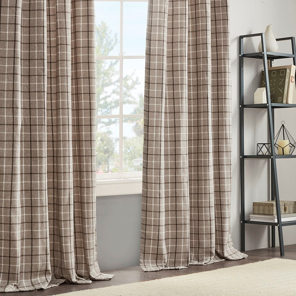 Plaid Rod Pocket and Back Tab Curtain Panel with Fleece Lining Brown 50"x84"