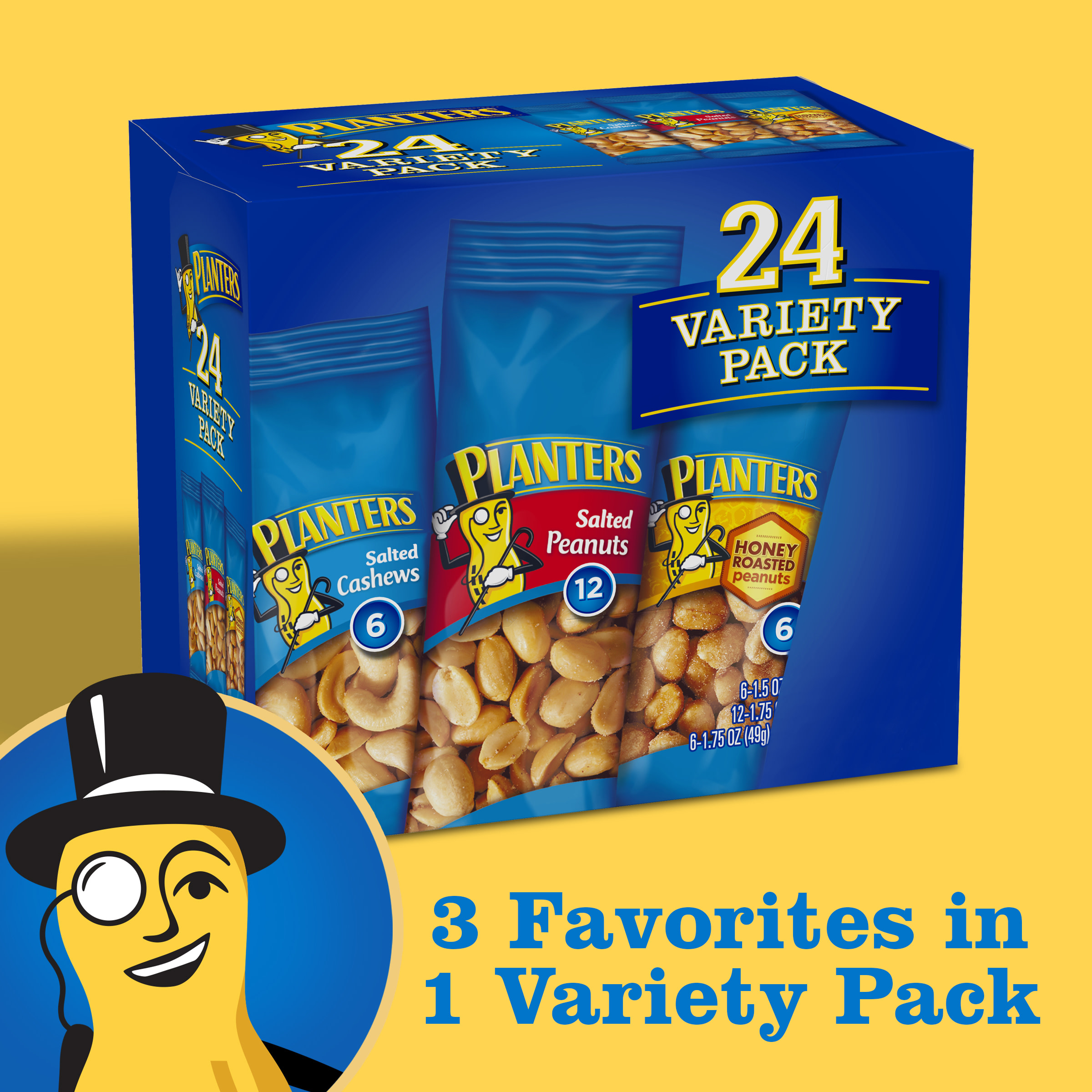 Planters Salted Cashews, Salted Peanuts & Honey Roasted Peanuts Variety Pack, 24 ct Packs - image 2 of 15