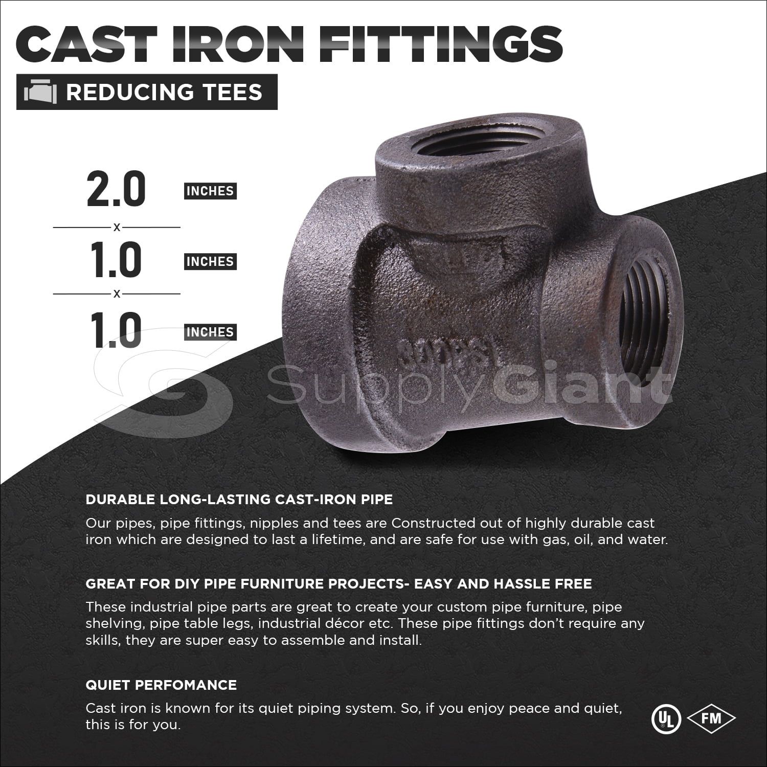 Supply Giant 2" x 1" x 1" BLack Pipe Fitting Reducing Tee Cast Iron