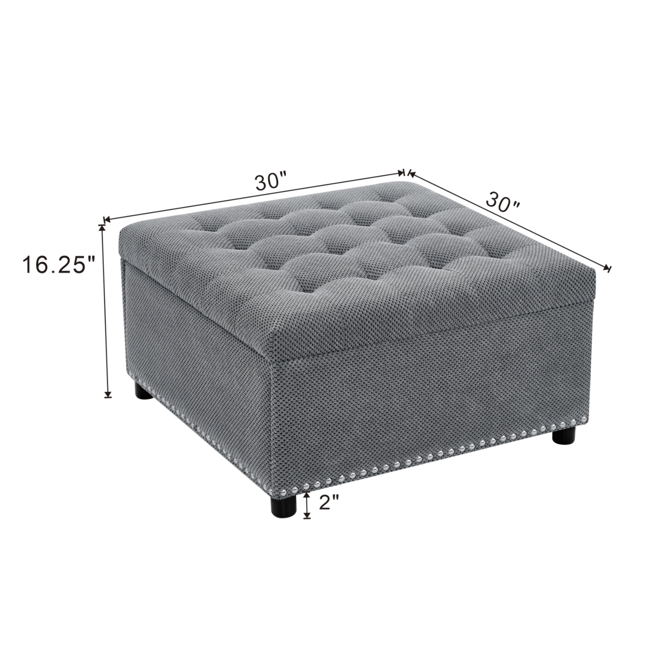 Noble House 30" Square Storage Ottoman with Tufted Top, Nailhead Trim, Light Gray