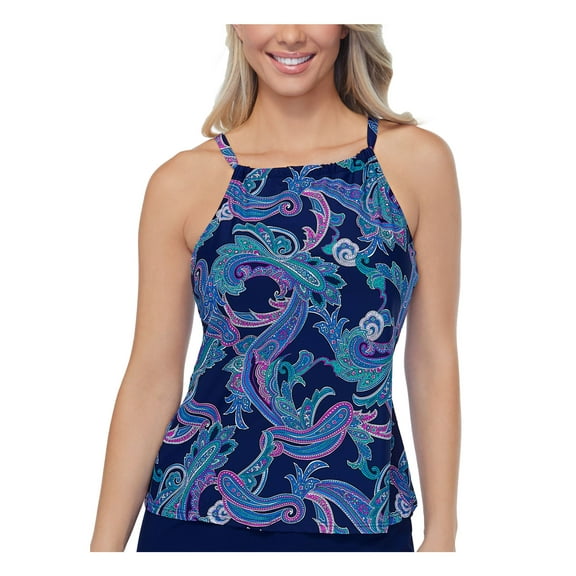 ISLAND ESCAPE Women's Navy Printed Stretch Square Neck Adjustable Racerback Sea Breeze Tankini Swimsuit Top 6