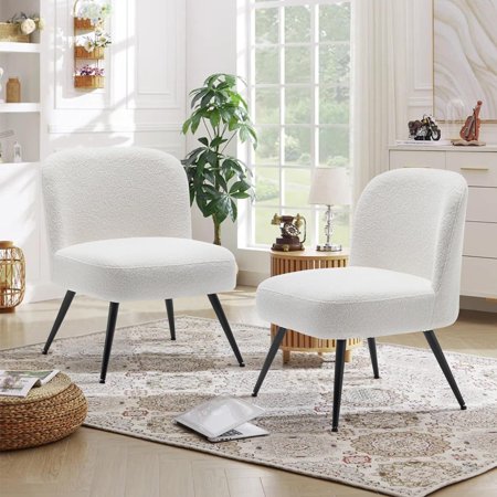 Andeworld Modern Accent Chair Set of 2, Upholstered Sherpa Velvet Living Room Chairs, Elegant Armless Cute Small Side Club Chair with Golden Legs for Bedroom-White