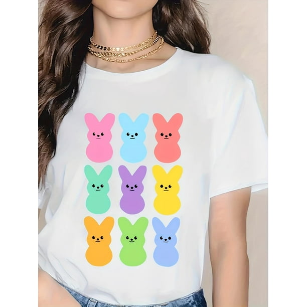 Camiseta con estampado gráfico de conejos de Pascua, manga corta, cuello redondo, informal, para verano y primavera. Camiseta para mujer, para adultos, hombres, mujeres, adolescentes, jóvenes y para e