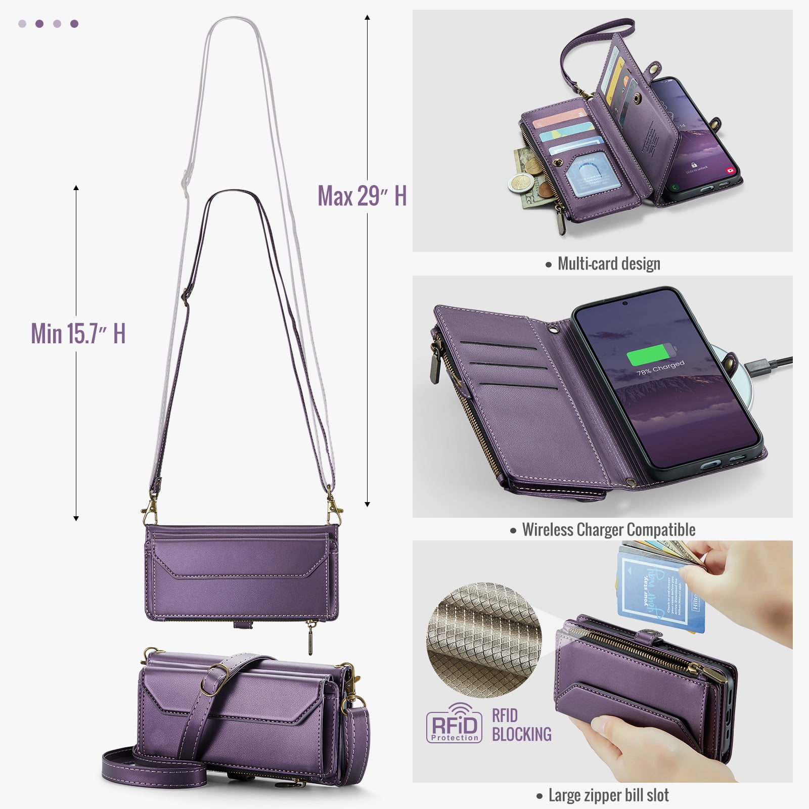 Compatible with Samsung Galaxy S25 Plus S25+ 5G Zipper Wallet Phone Case Tempered Glass Screen Protector Crossbody Lanyard Strap Flip Card Holder Slot Cell Cover for S25Plus 25S + S 25 Women Purple