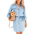 thumbnail image 1 of Txlixc Vestido de mujer casual, vestido de manga larga de color sólido con solapa inferior y cinturón Txlixc moda, 1 of 6