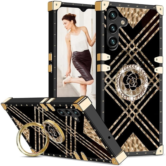 for Samsung Galaxy S24 Case for Women, Rivet Metal Corner Design Phone Cover Case with Bling Diamond Ring Kickstand for Samsung Galaxy S24 6.2" BF-Black