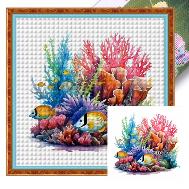 Hilo de bordar completo de algodón ecológico 14CT Kit de punto de cruz del mundo submarino 40x40cm