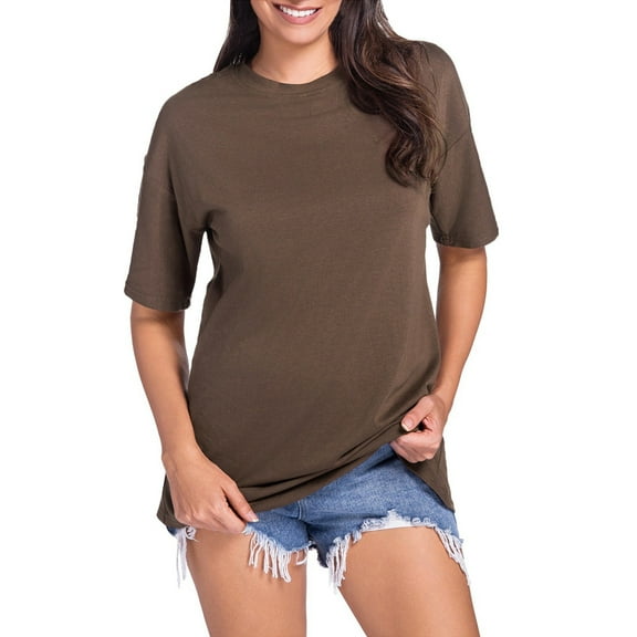Womens Tops Casual Loose Fit Solid Color Tee Breathable Short Sleeve T Shirt Shirts for Women Brown L