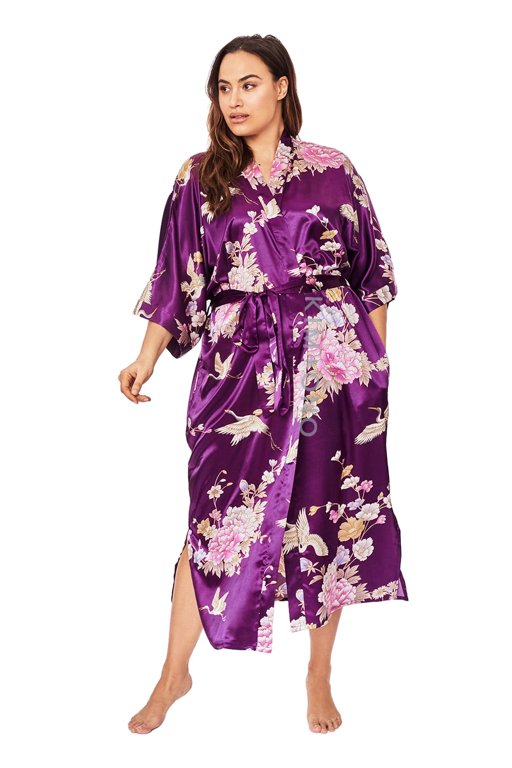 One Size Womens Satin Kimono Dressing Gown V-Neck Kimono Robe Wedding Bridal Sleepwear Imitation Silk Bathrobe with Peacock or Flower Printing 