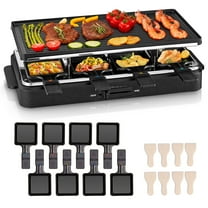 Raclette Grill 8 People Grill Plate Non-stick Coated, Raclette with 8 Mini Raclette Pans, Infinitely Adjustable Temperature, 1500W