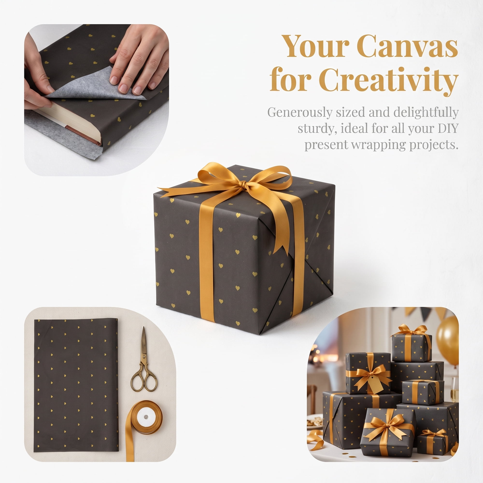 Unique Bargains 20Pcs Heart Pattern Gift Wrapping Paper Black Gold 27.6" x 19.7"