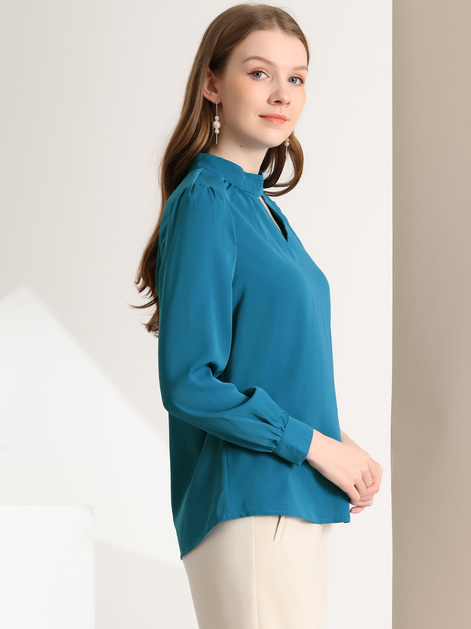 DARING DIVA Women's Stand Collar Long Sleeve Office Blouse XL Peacock Blue