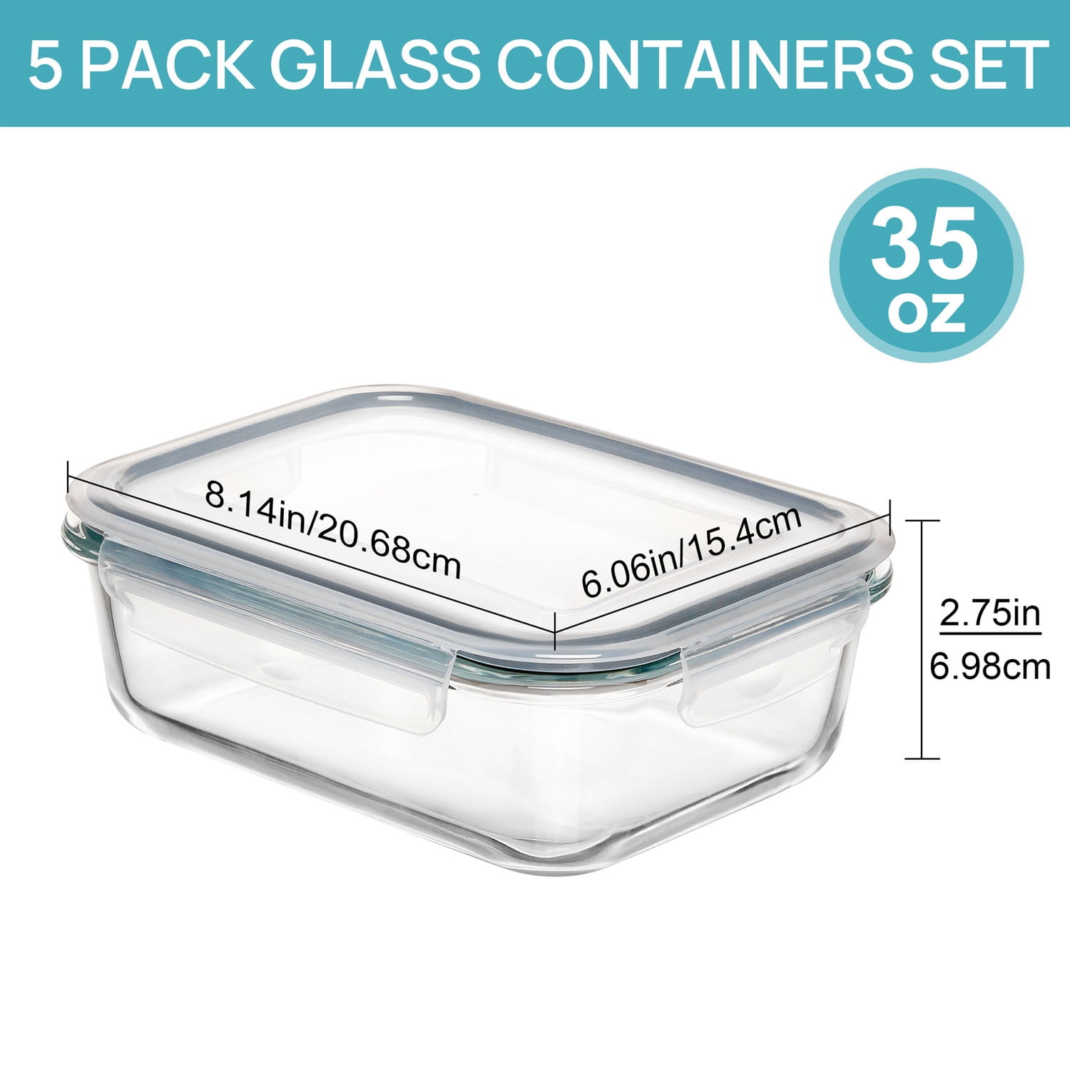 Meikd 5-Piece 35-Ounce Glass Food Storage Container Set (with Lids) Food-Grade Glass Storage Containers Airtight & Reusable Lunch Box Set Safe for Oven, Microwave, Freezer, and Dishwasher Use