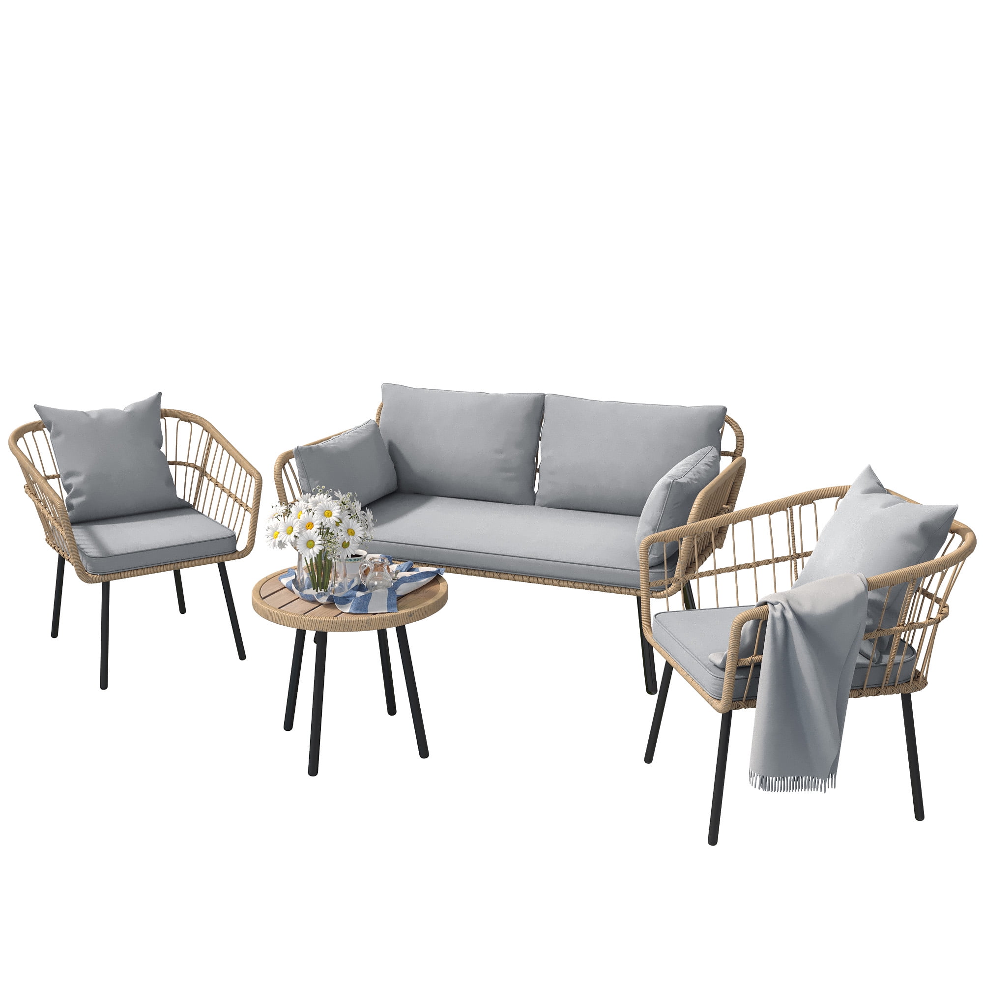 Uforic Boho Patio Furniture Outdoor Bistro Set,Sectional Sofa Conversation Sets - Wicker Loveseat Sofa Chairs,Egg Chair with Soft Cushions - Gray