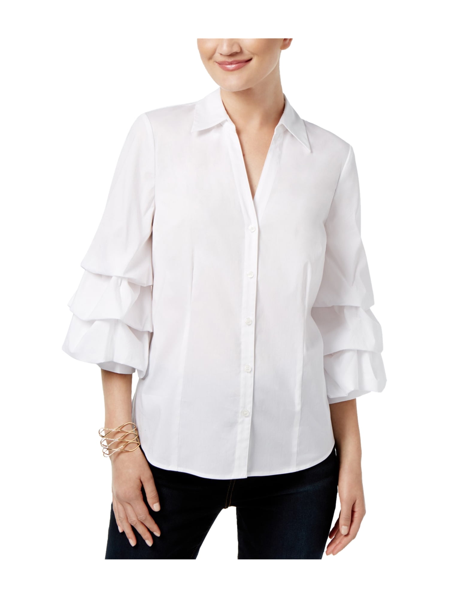 I-N-C Womens Ruffled Sleeve Button Up Shirt brightwhite M | Walmart Canada