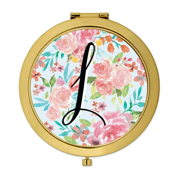 Koyal Wholesale Compact Mirror Bridesmaid's Wedding Gift, Gold, Monogram Letter L, Tea Party Pink Floral Flowers, 1-Pack