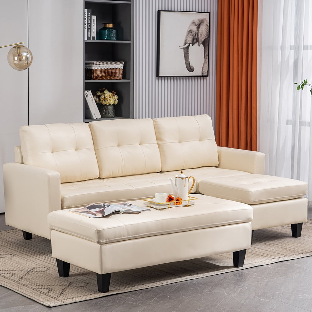 Kepooman Furniture Sectional L-Shape 3 Seater Sofa Set, Living Room Faux Leather Sofa Set, Creamy White Kepooman Furniture Sectional L-Shape 3 Seater Sofa Set, Living Room Faux Leather Sofa Set, Creamy White