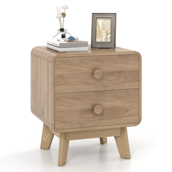Costway 1 PCS Modern Style 2-Drawer Nightstand Bedside Table with Solid Rubber Wood Legs Brown