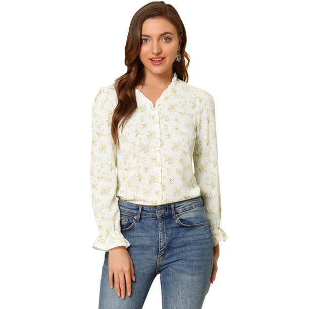 INSPIRE CHIC Blusa Informal De Manga Larga Con Volantes Florales Y Cuello En V Para Mujer Blanco crema L