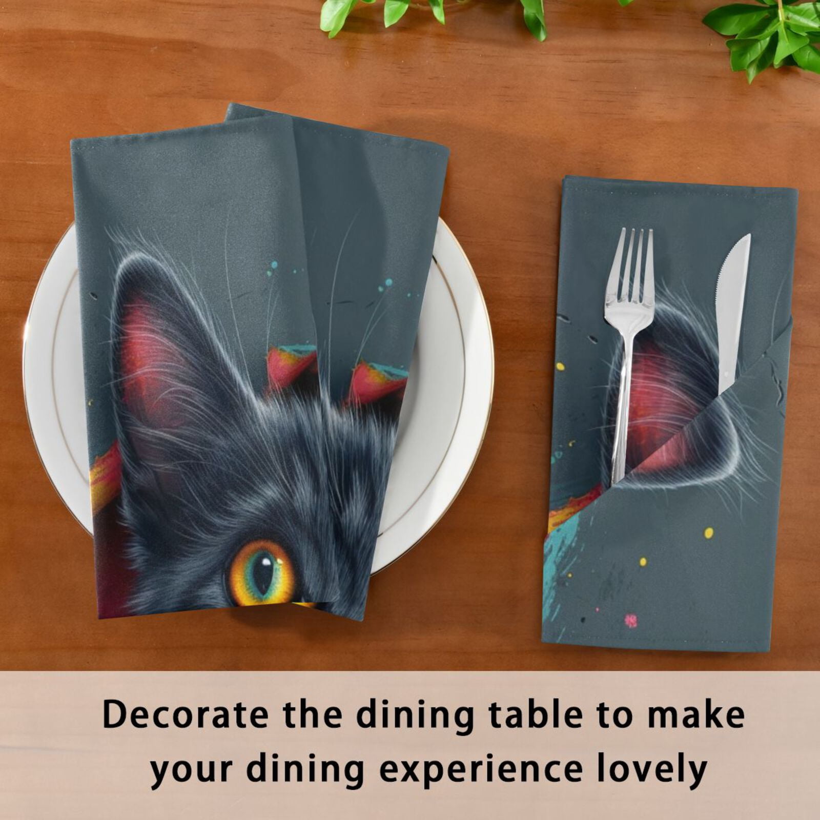 JSTEL 3d Black Cat Cloth Napkins Set of 6, 20x20 Inch Washable and Reusable Napkin for Decoupage Dinner Party Everyday Use