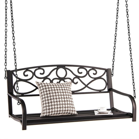 CGDYCF Brown Metal Porch Swing Bench, 53"x25"x21" 2-Person Outdoor Swing with 110" Hanging Chains, 485 lbs Capacity