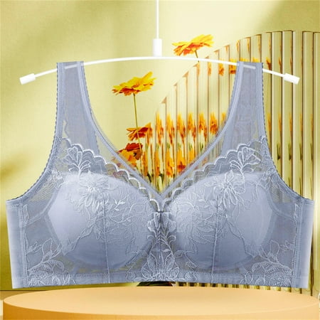 REORIAFEE Wireless Bras for Women Plus Size Lace Mesh Underoutfit for Older People Bras V Neck Comfy Corset Bra Wide Strap Bra Comfortable Breathable Brassiere Anti-Sagging Bra