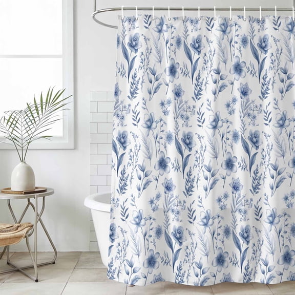 Elegant Blue Flowers Waterproof Fabric Shower Curtain,Spring Floral Botanical Summer Waterproof Fabric Shower Curtain for Bathroom Curtains Bathtubs Shower Curtains with 12 Hooks Extra Long 72x96