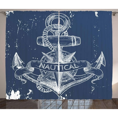 Knot Top Curtains Marine Curtains 2 Panels Set, Nautical Knot Compass Anchor Pattern Sea World Ocean Life Grunge Illustration, Window Drapes for Living Room Bedroom, 108W X 84L Inches, Dark Blue White, by Ambesonne ()