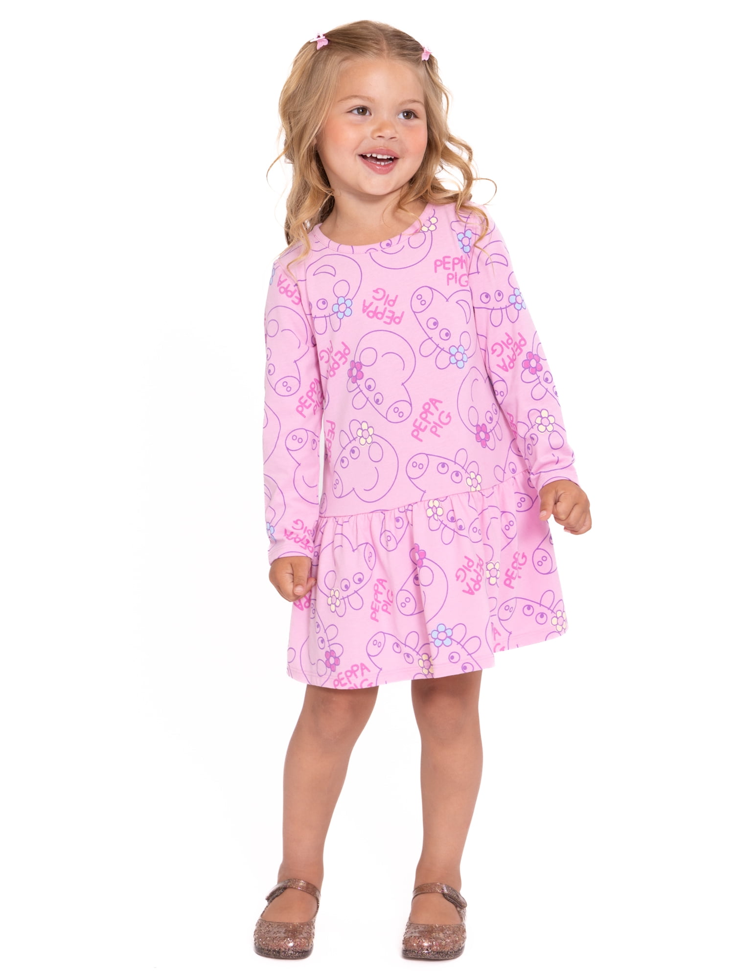 Peppa Pig Toddler Girl Long Sleeve Drop Waist All Over Print Dress, Sizes 12M-5T